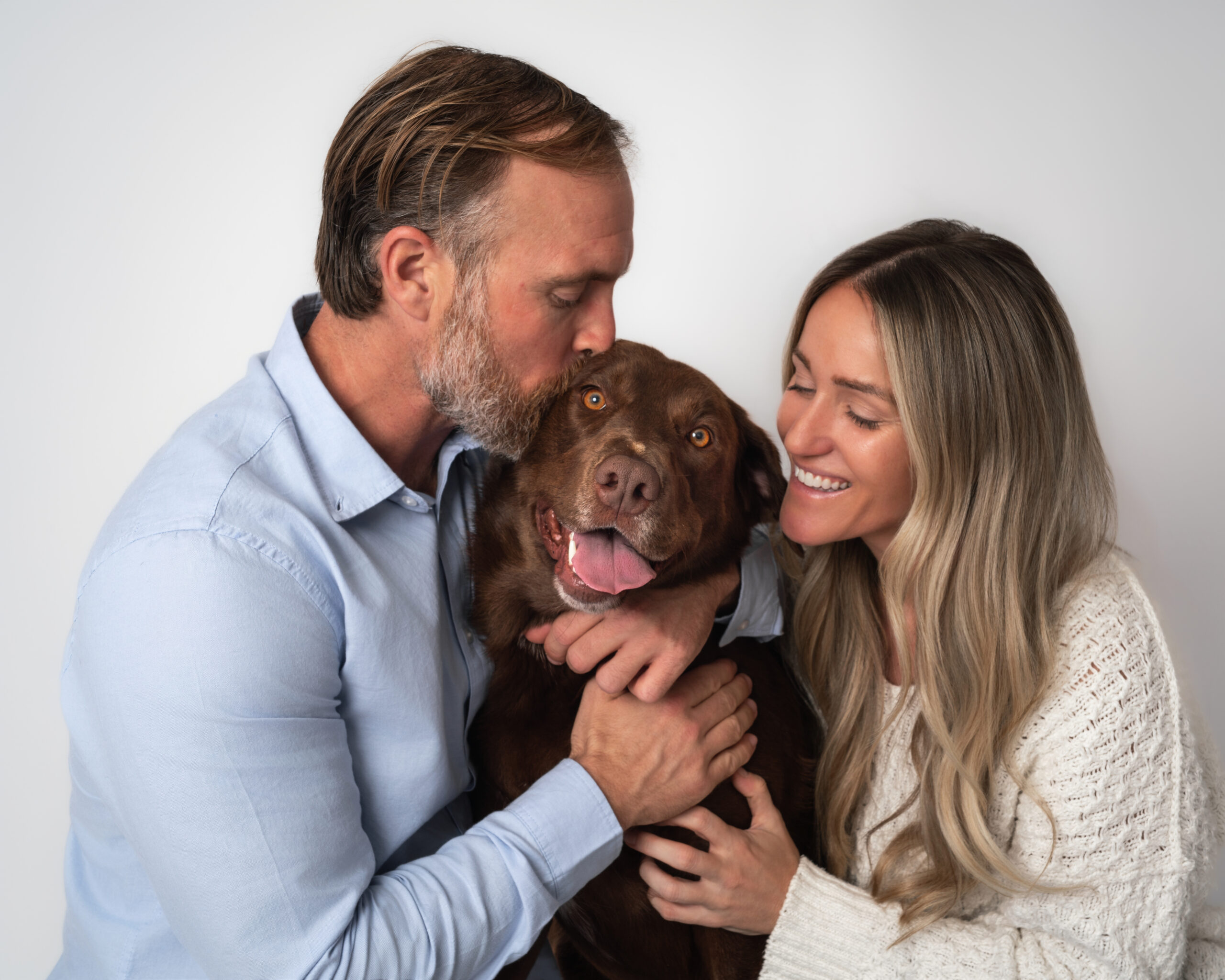 Chocolate Lab rescue dog being held by his parents during a studio family portrait in San Diego