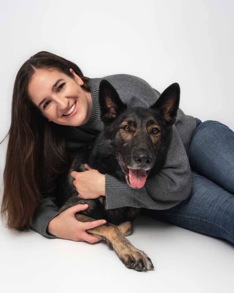 Family portrait with German Shepherd during San Diego dog friendly studio photography session